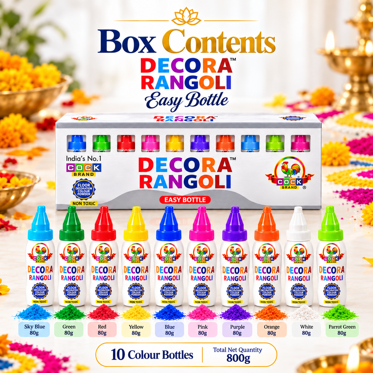 Box contents: 10 Decora Rangoli Easy Bottles, 80 g each, 800 g total