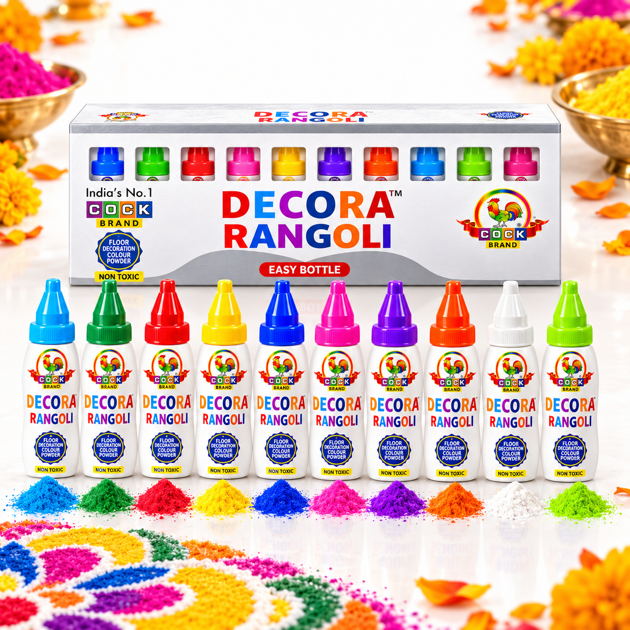 Decora Rangoli Easy Bottle box with 10 bottles and a Diwali rangoli