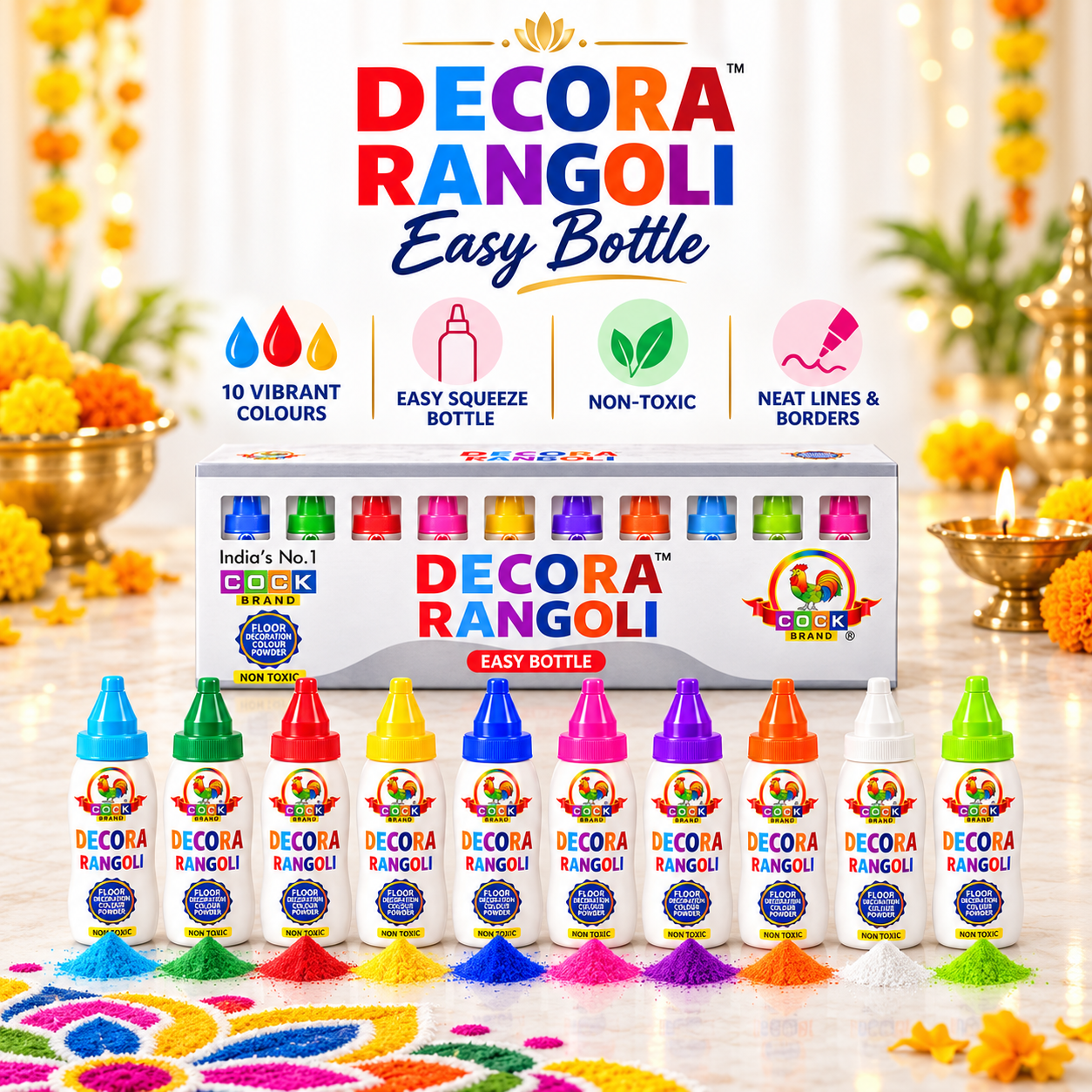 Decora Rangoli Easy Bottle: 10 vibrant colours, easy squeeze bottle, non-toxic, neat lines and borders