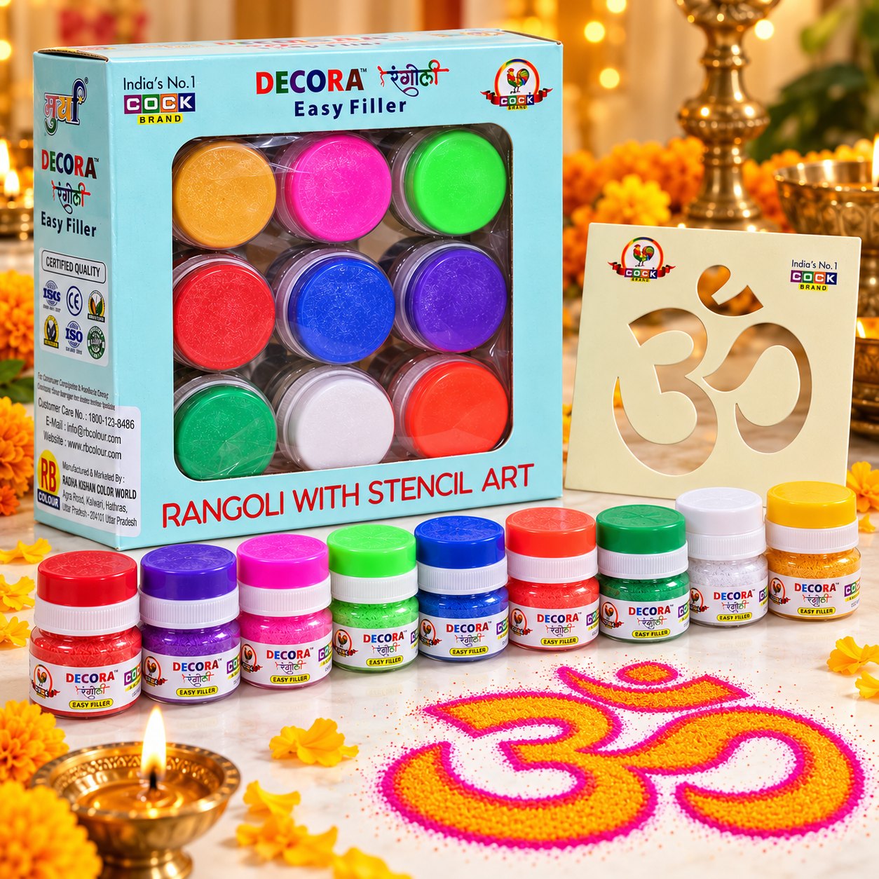 Murga Decora Easy Filler box with 9 colour jars, an Om stencil and a finished Om rangoli beside a lit diya