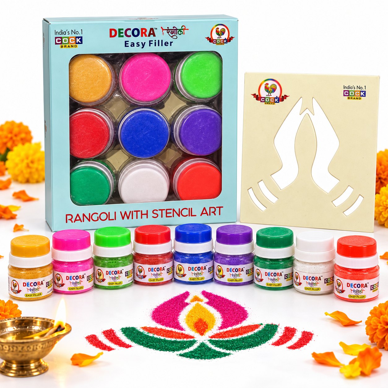 Decora Easy Filler set: 9 mesh-lid colour jars, a stencil and a finished diya rangoli