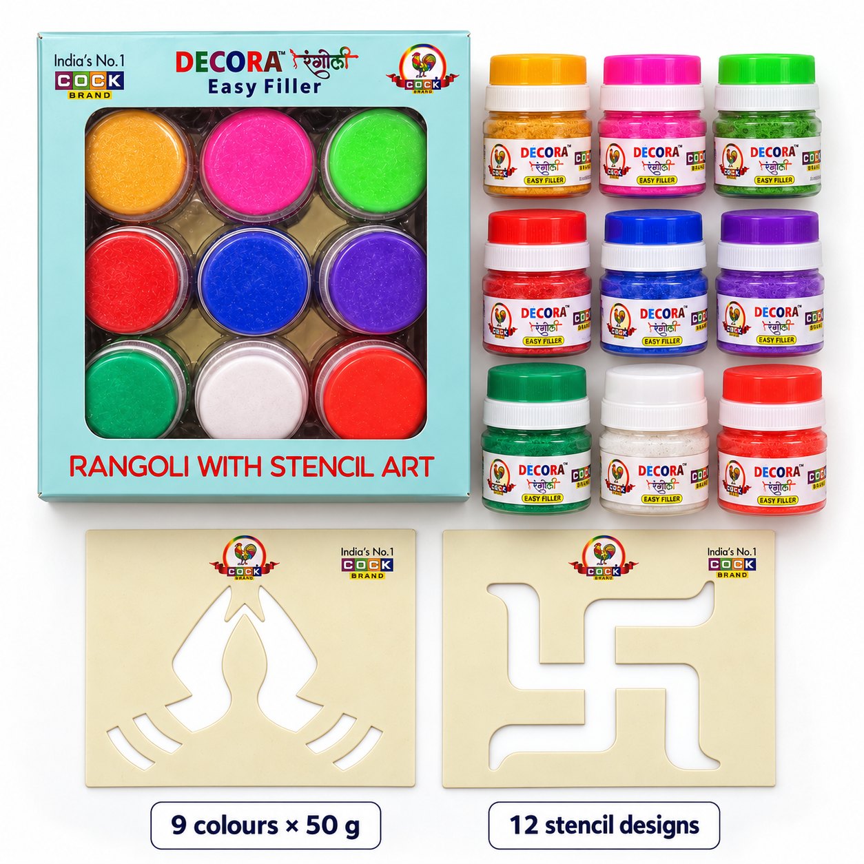 What's in the box: the Easy Filler box with 9 colour jars of 50 g each, plus stencils