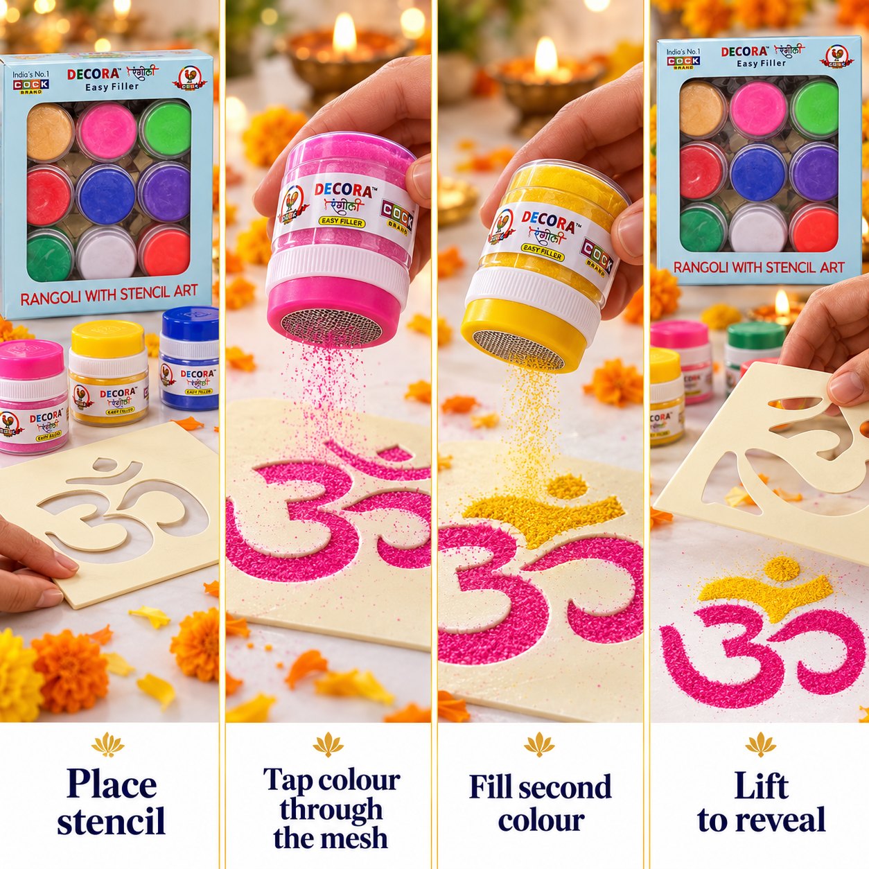 Four steps: place the stencil, tap colour through the mesh, fill a second colour, lift to reveal an Om rangoli