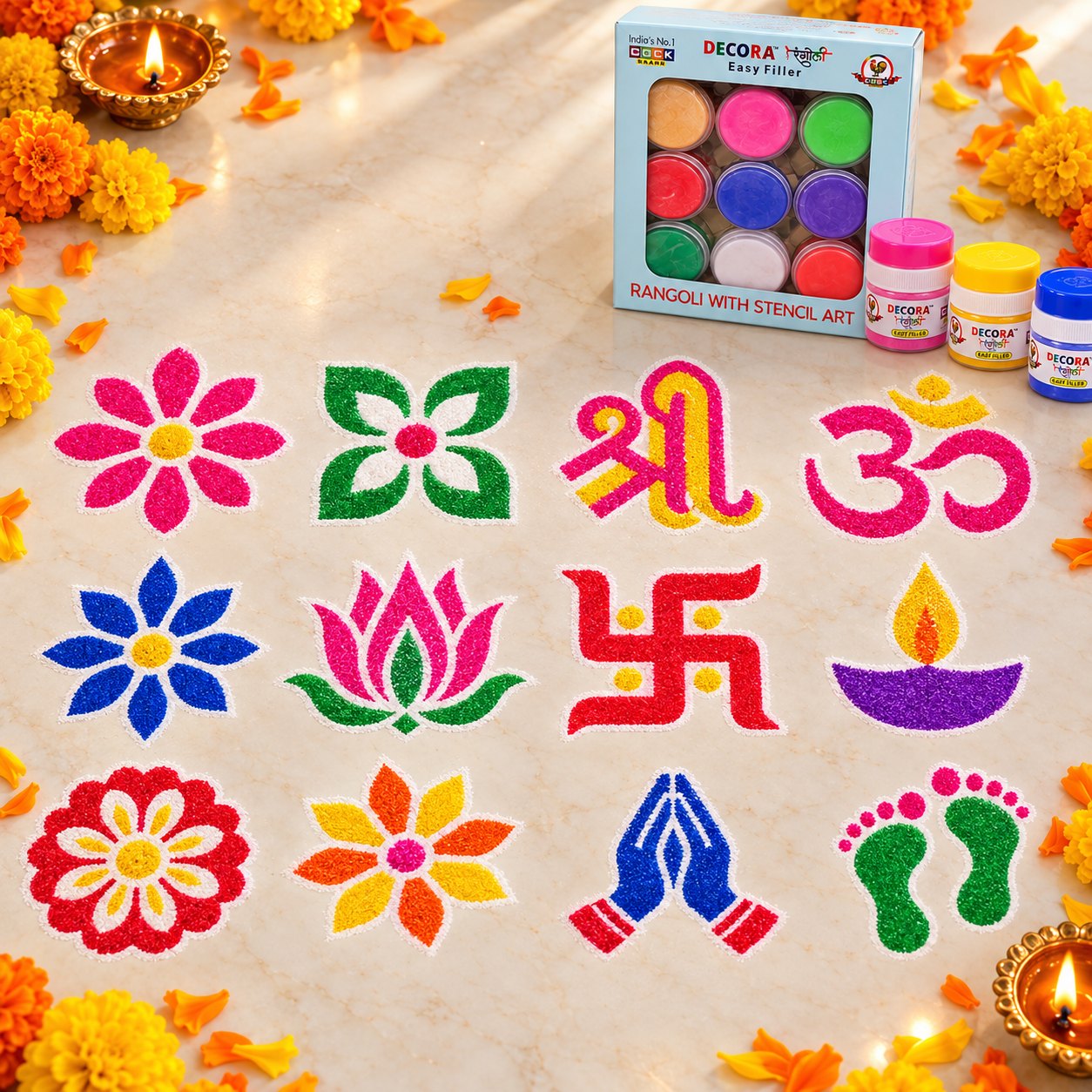 Stencil rangoli designs from the Decora range: flowers, lotus, Shri, Om, Swastik, diya, namaste, Lakshmi charan