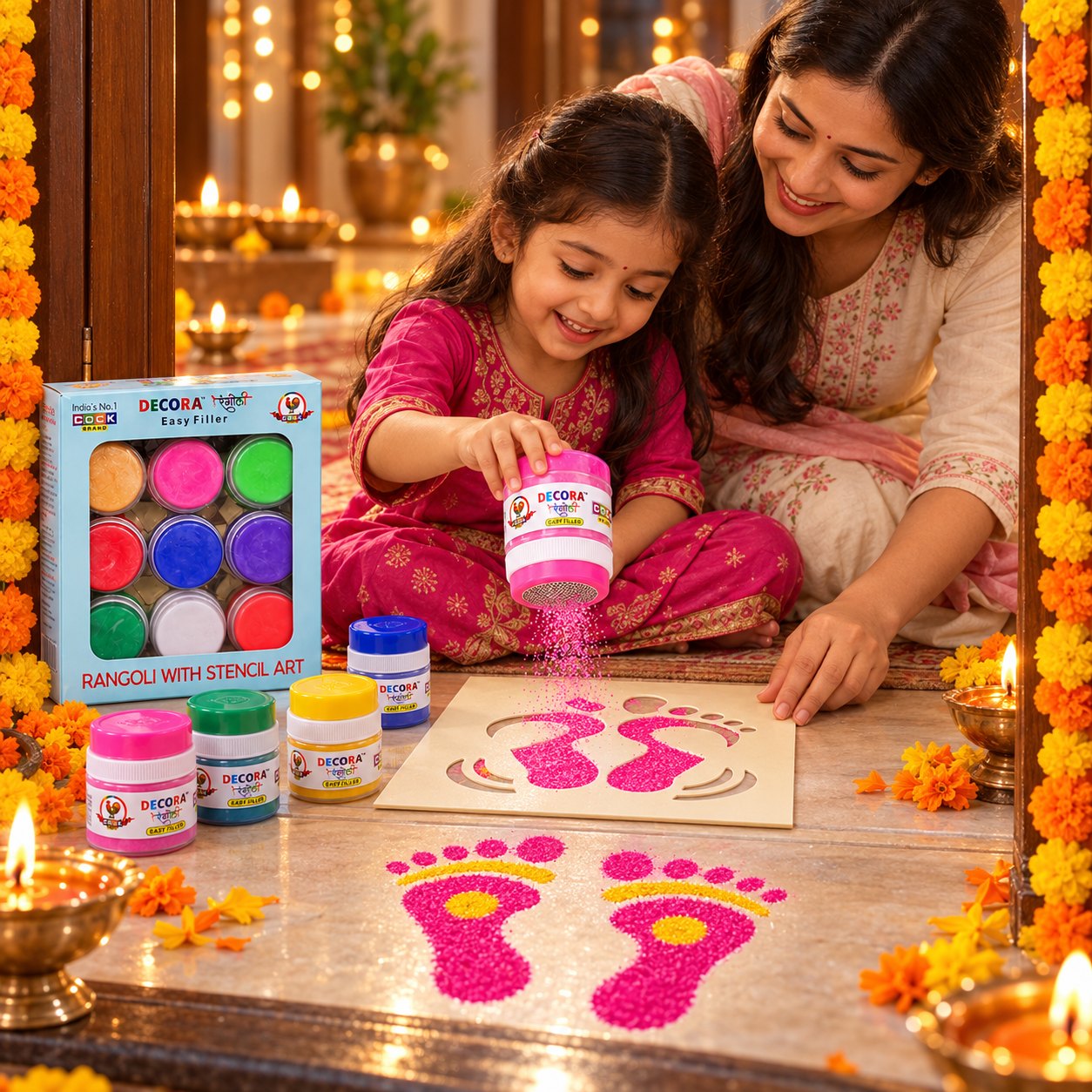 A mother and daughter make a Lakshmi charan rangoli at the doorway with an Easy Filler jar and stencil at Diwali