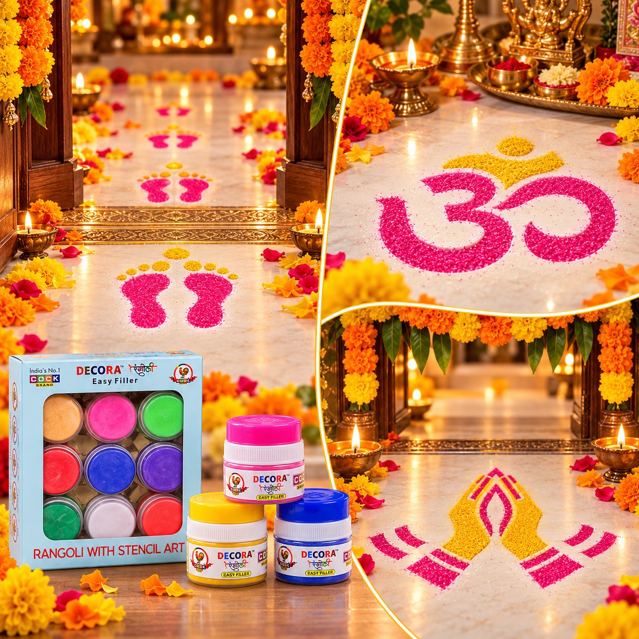Easy Filler rangolis for every occasion: Lakshmi charan at the door, Om at the pooja corner, namaste for guests