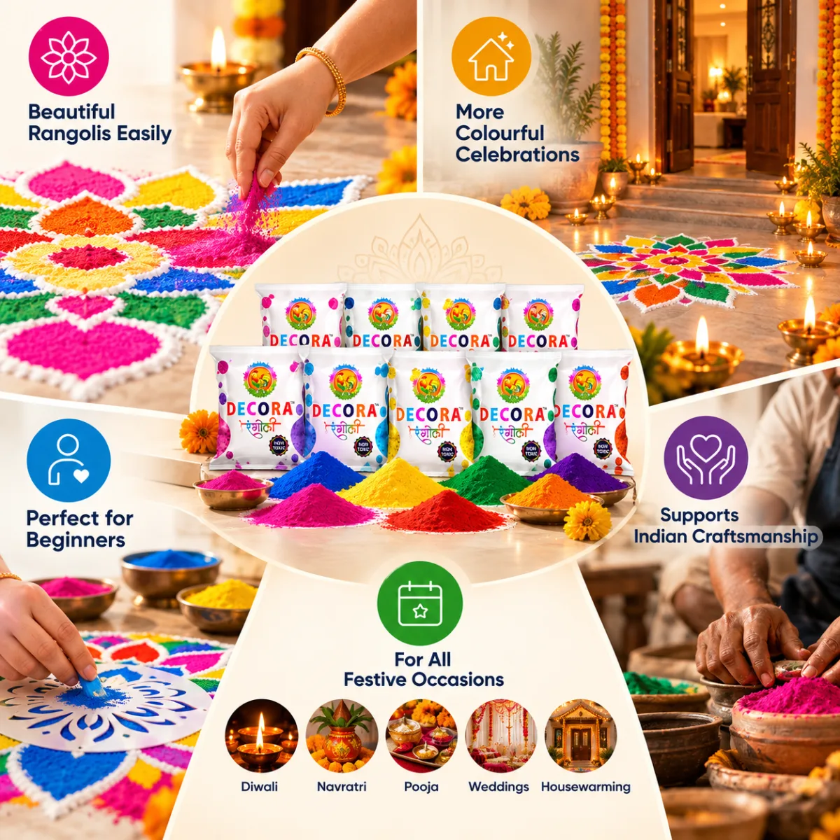 Decora rangoli colours in use: beautiful rangolis easily, more colourful celebrations, perfect for beginners, supports Indian craftsmanship, for Diwali, Navratri, pooja, weddings and housewarming