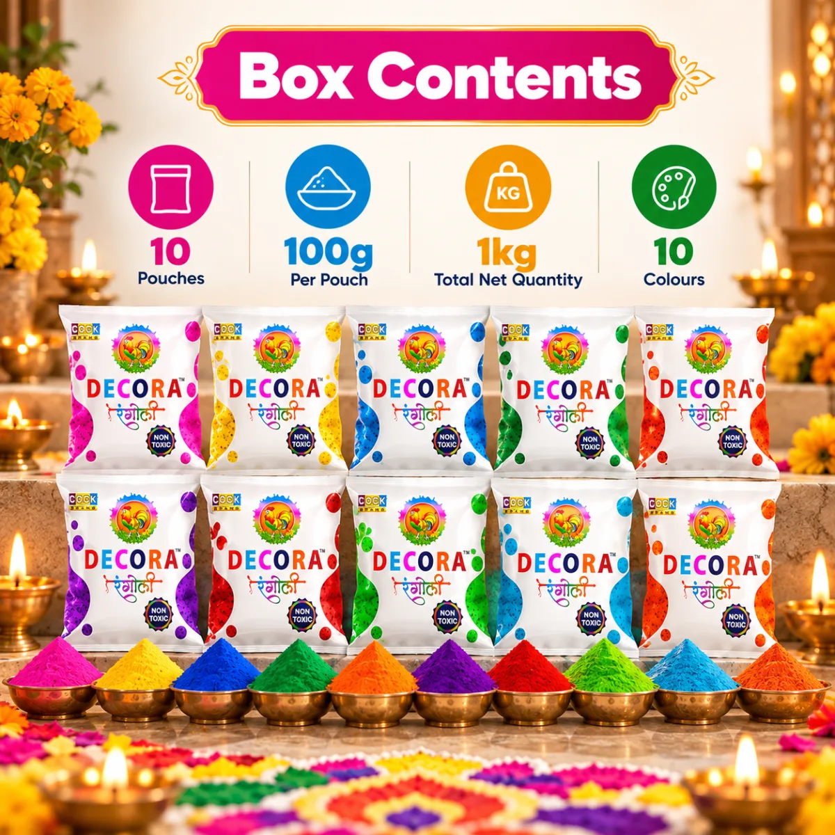 Decora rangoli colour box contents: 10 pouches, 100 g per pouch, 1 kg total, 10 colours