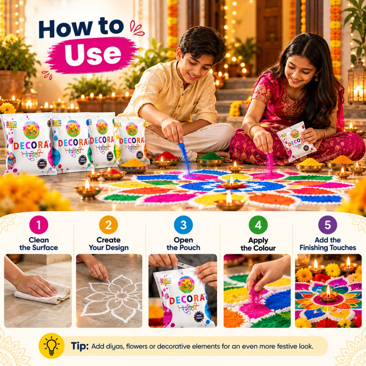 How to use Decora rangoli colours in five steps: clean the surface, create your design, open the pouch, apply the colour, add the finishing touches
