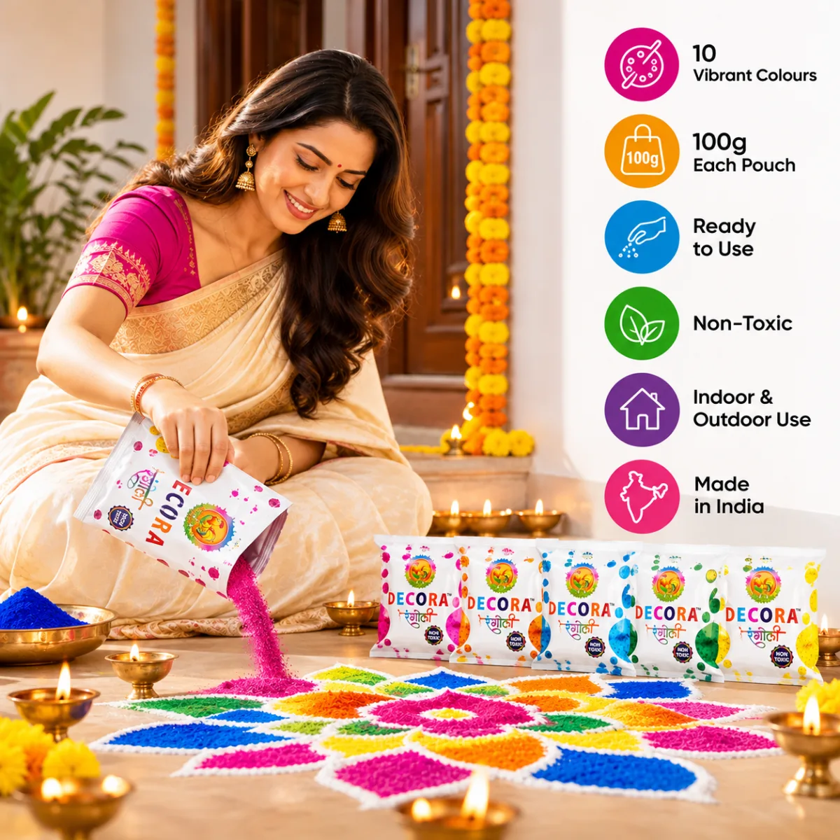Decora rangoli colours: 10 vibrant colours, 100 g each pouch, ready to use, non-toxic, indoor and outdoor use, made in India