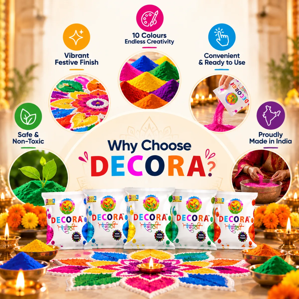Why choose Decora: vibrant festive finish, 10 colours, convenient and ready to use, safe and non-toxic, proudly made in India