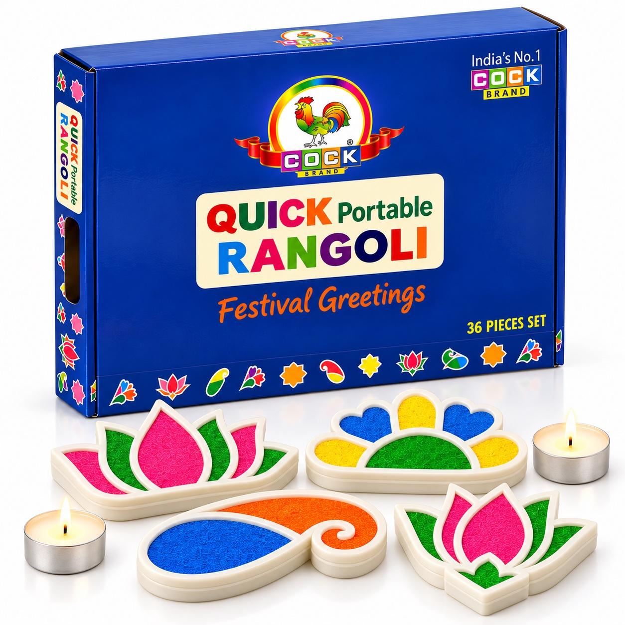 Quick Portable Rangoli 36-piece gift box with colour-filled lotus and paisley moulds and lit tea lights