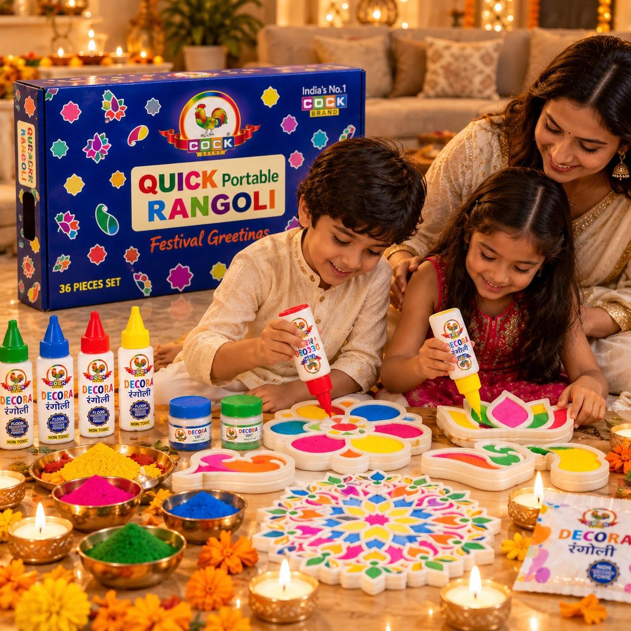 Two children filling Quick Portable Rangoli moulds with Decora bottles while their mother watches at Diwali