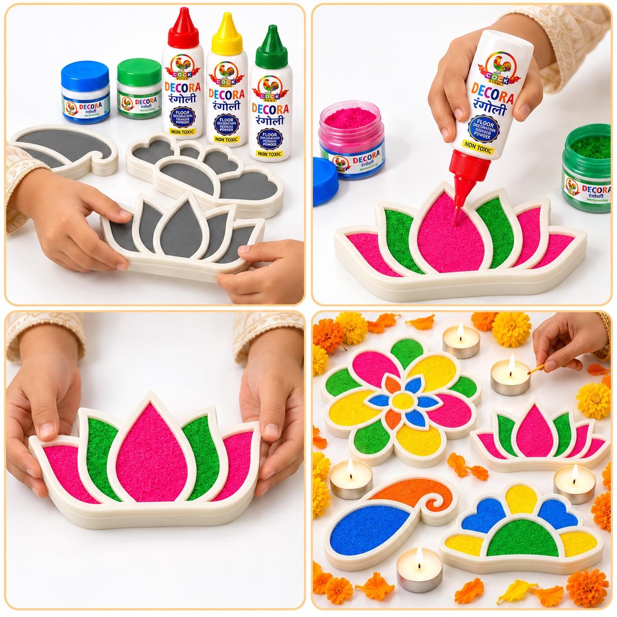 How to use Quick Portable Rangoli in four steps: choose a mould, fill with colour, lift the finished piece, arrange with tea lights