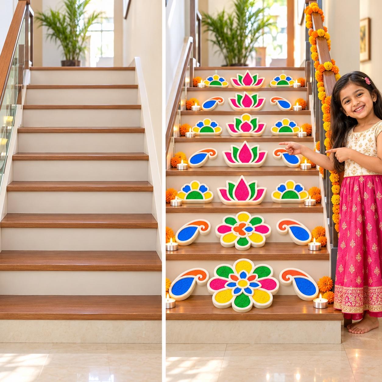 Staircase before and after decorating with Quick Portable Rangoli pieces and tea lights, with a child pointing