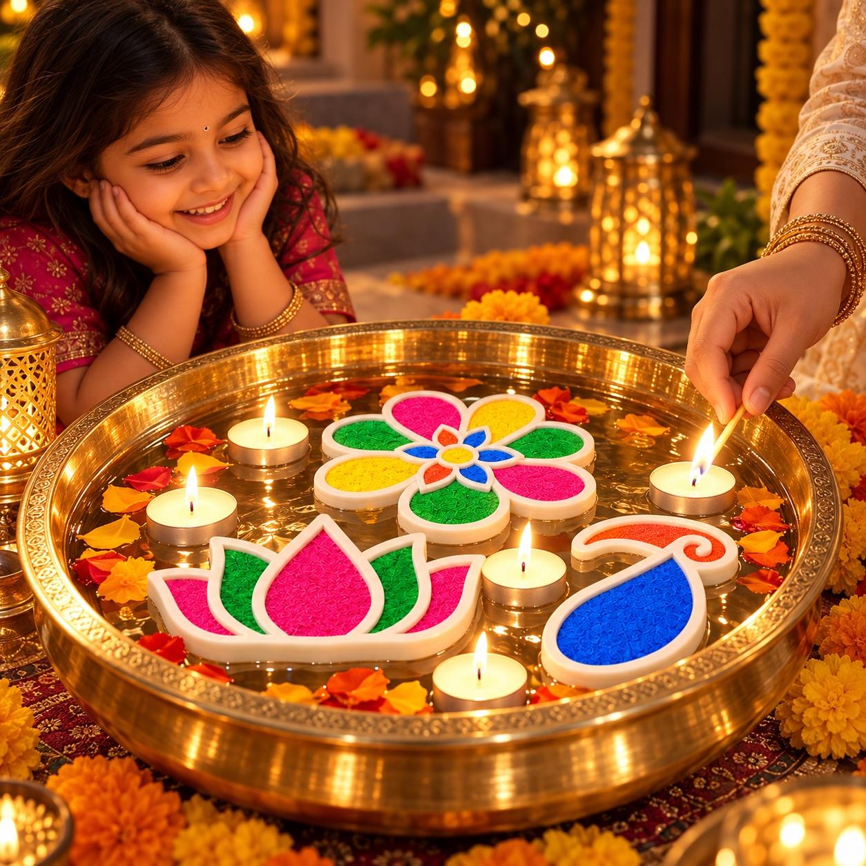 Quick Portable Rangoli shapes floating in a brass urli with lit tea lights while a child watches