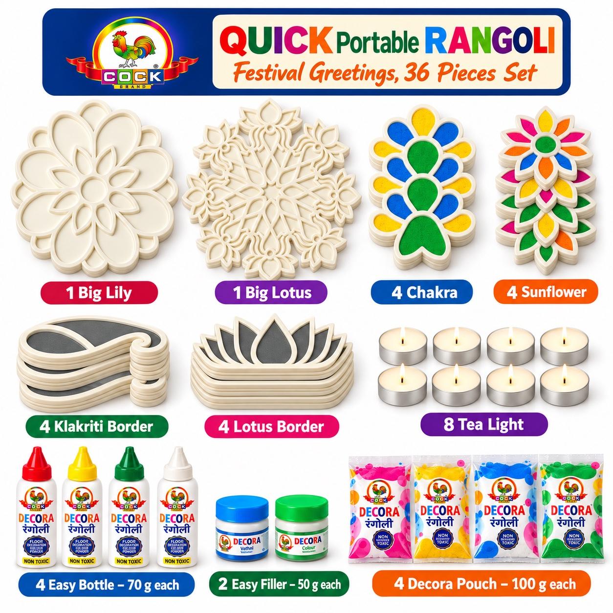 Quick Portable Rangoli 36-piece set: 18 moulds, 8 tea lights, 4 Easy Bottles, 2 Easy Fillers and 4 Decora pouches