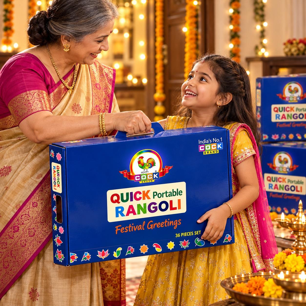 Grandmother gifting a Quick Portable Rangoli box to her granddaughter at Diwali